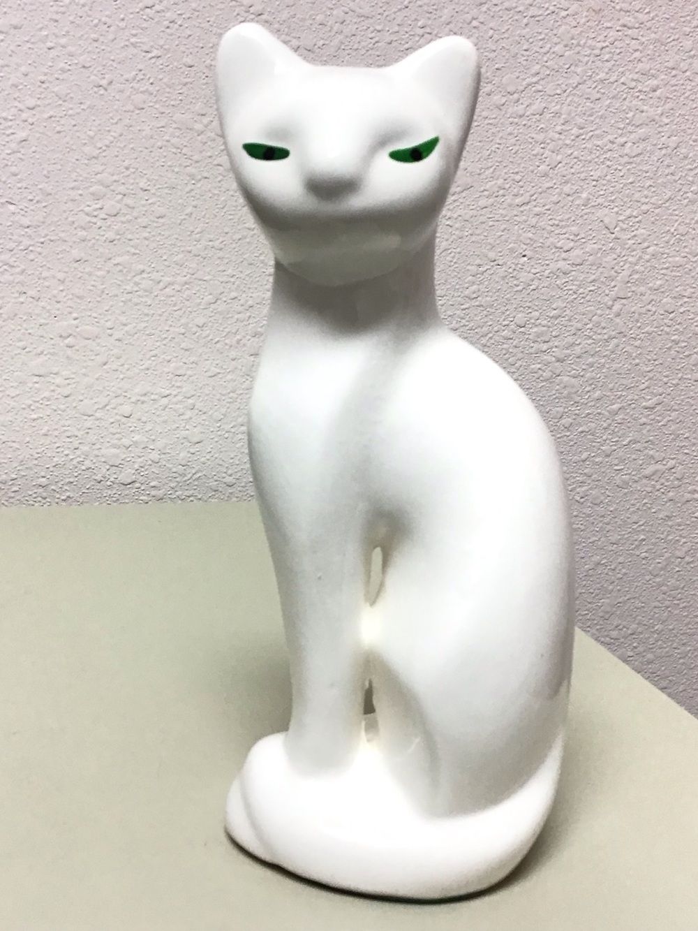 Vintage MCM White Ceramic Cat with Green Eyes